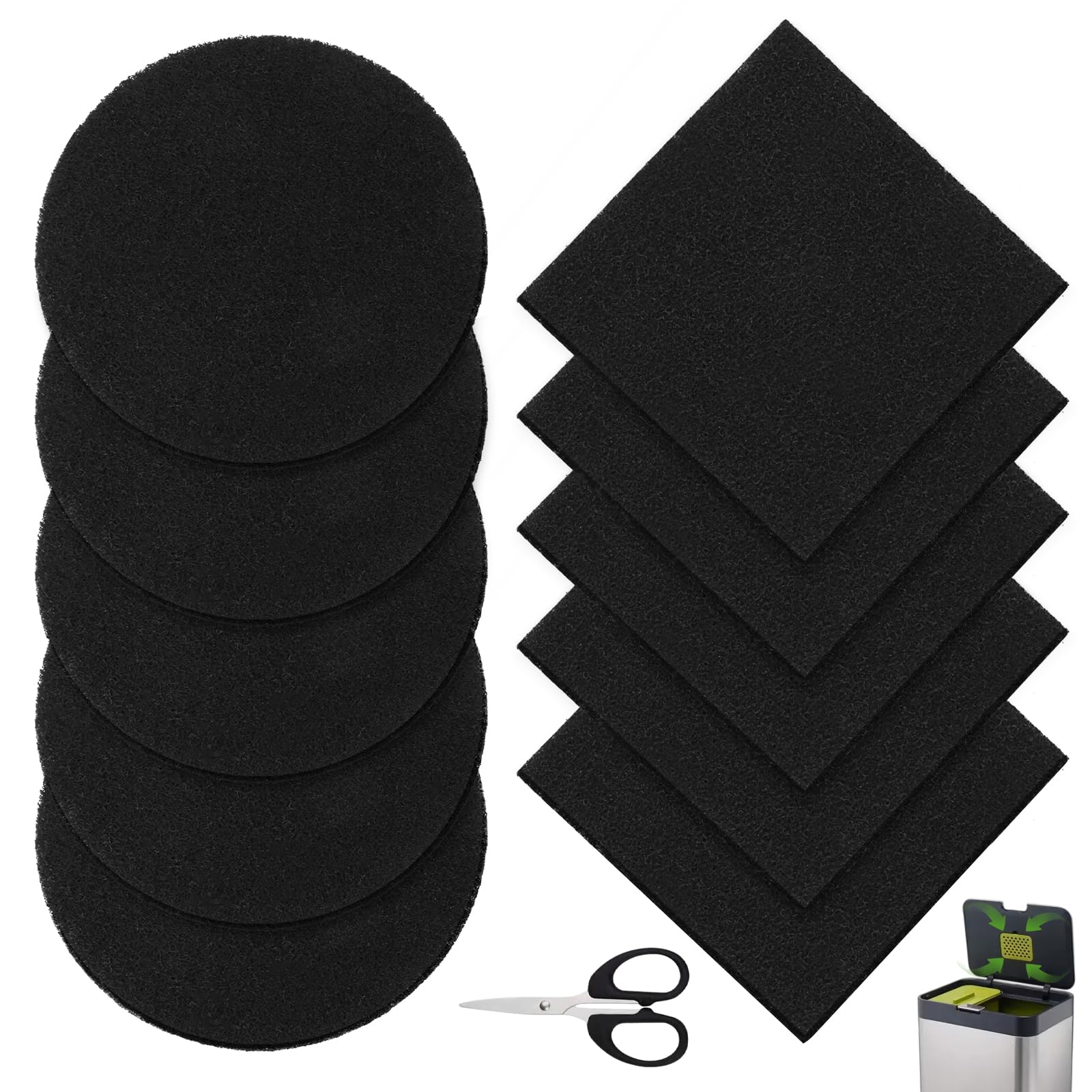 10 Pièces Filtre Charbon Actif, Filtres à Bacs à Compost Ronde et Carrée avec 1 Ciseaux, Filtres à Poubelle à Charbon, Filtres à Charbon Actif de Cuisine pour Composteur de Déchets de Cuisine