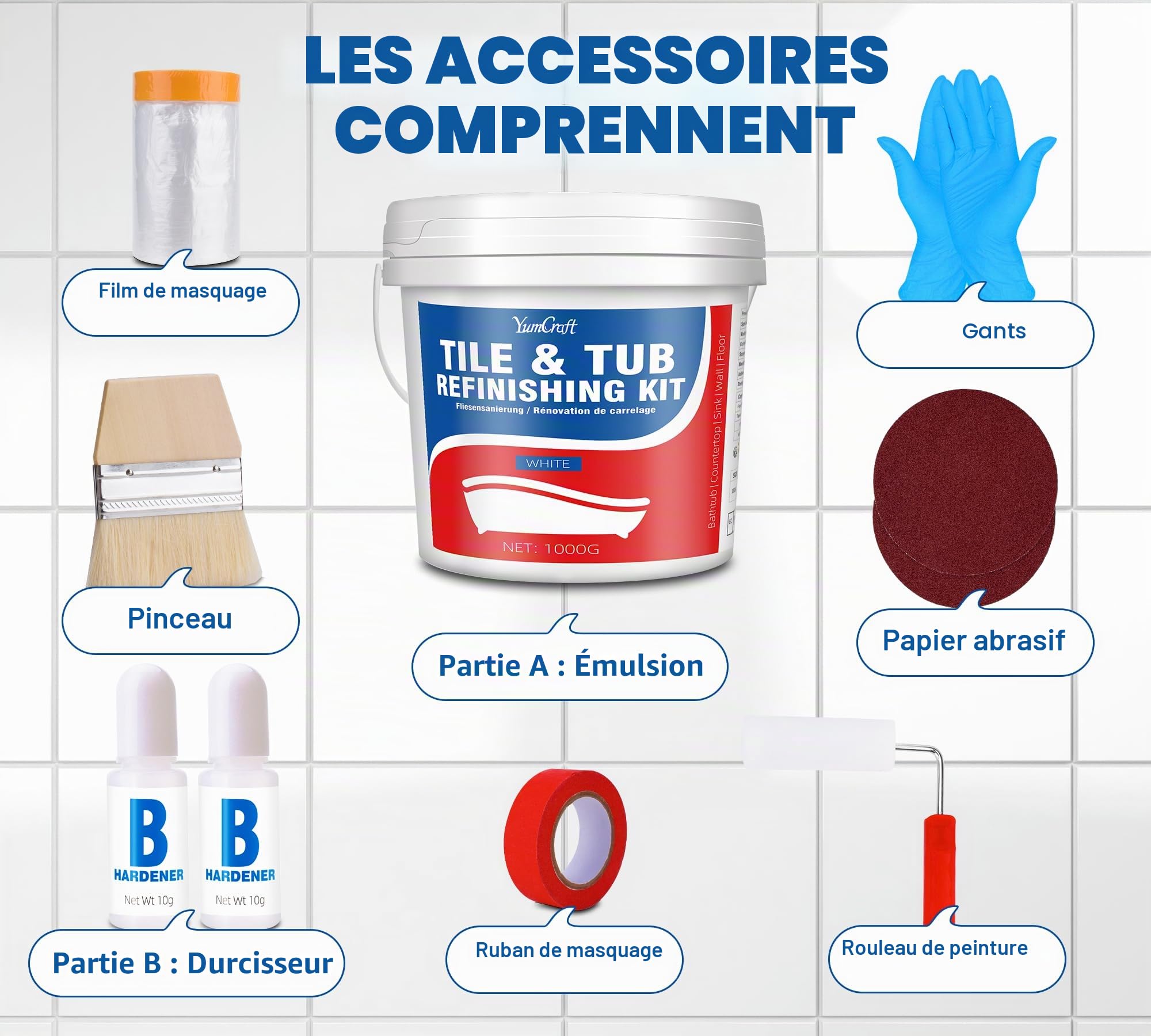 Kit de Rénovation de Baignoire et Carrelage 1000g, Peinture Blanche Brillante Étanche avec Outils & Durcisseur, pour Baignoire, Lavabo, Plan de Travail, Céramique, Porcelaine, Salle de Bain & Cuisine