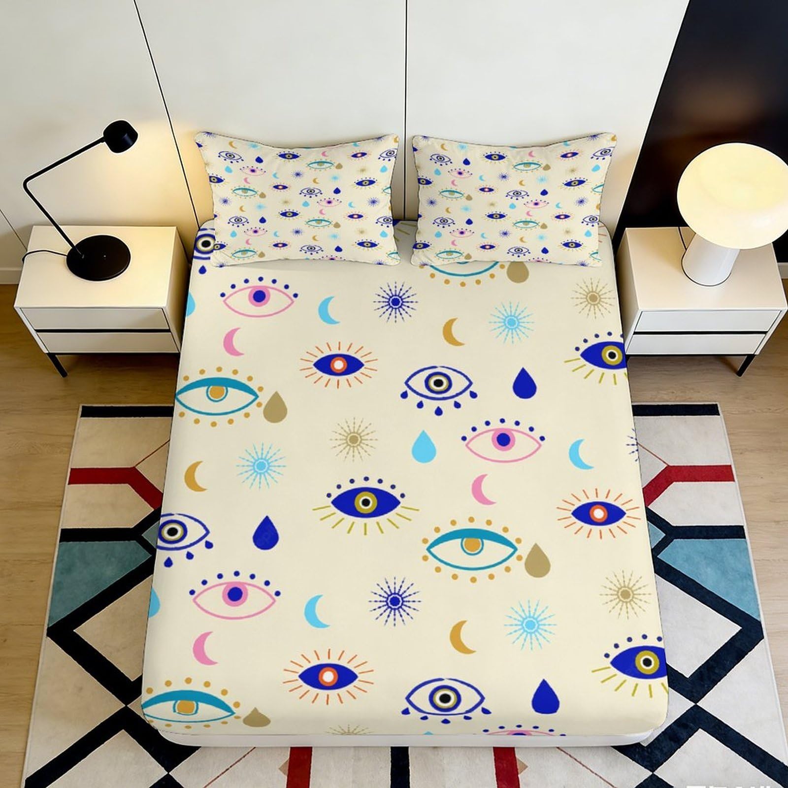 Tjiqhvmrn Style-9 3D Printed Mystic Eye Fitted Sheet Microfiber Deep Pocket Bedroom Bedding Mysterious Eye Mattress Fitted Cover Non-Slip Full Wrap Washable 90X200x25cm