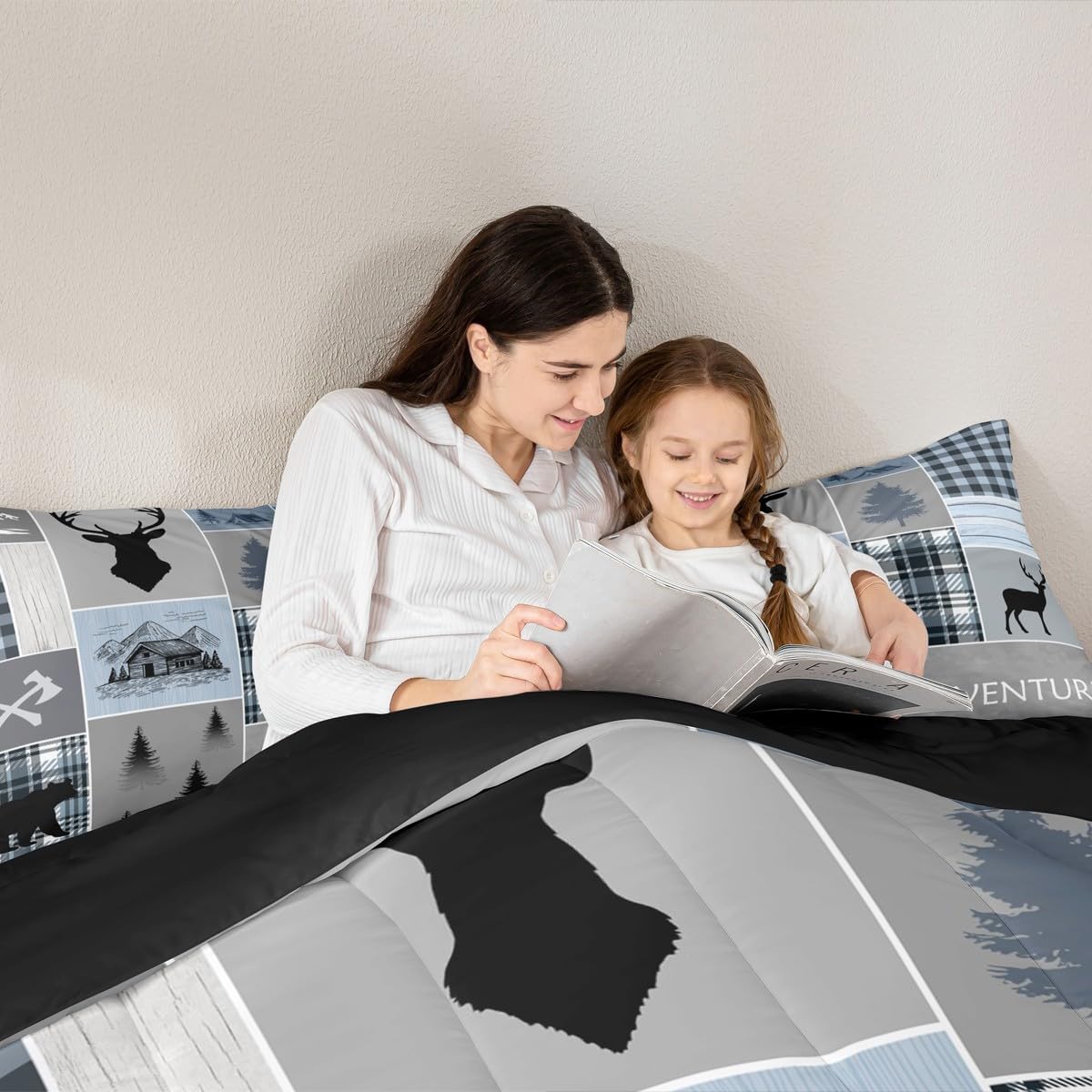 Cabin Comforter Set Bear Deer Rustic Lodge Bedding Set Queen Size For Kids Teens Adult, Camper Wild Animal Quilt Plaid Check Adventure Farmhouse Down Comforter Country Cowboy Hunting Decor, Blue Gtey