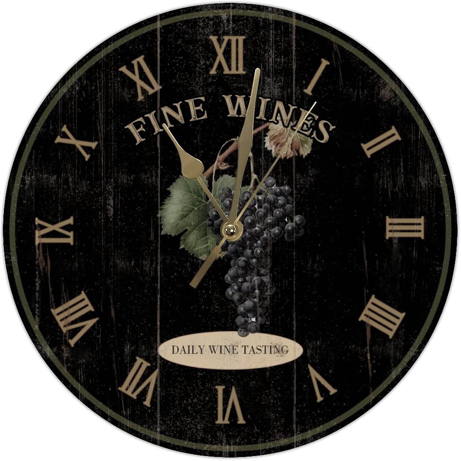 Fine Wines Black Hanging Wall Clock 12Inch Round Clocks Vintage Grapes Wood Wall Clocks Silent Battery Operated Wall Clock Shabby Chic for Laundry Room Bedroom Birthday Housewarming Gift