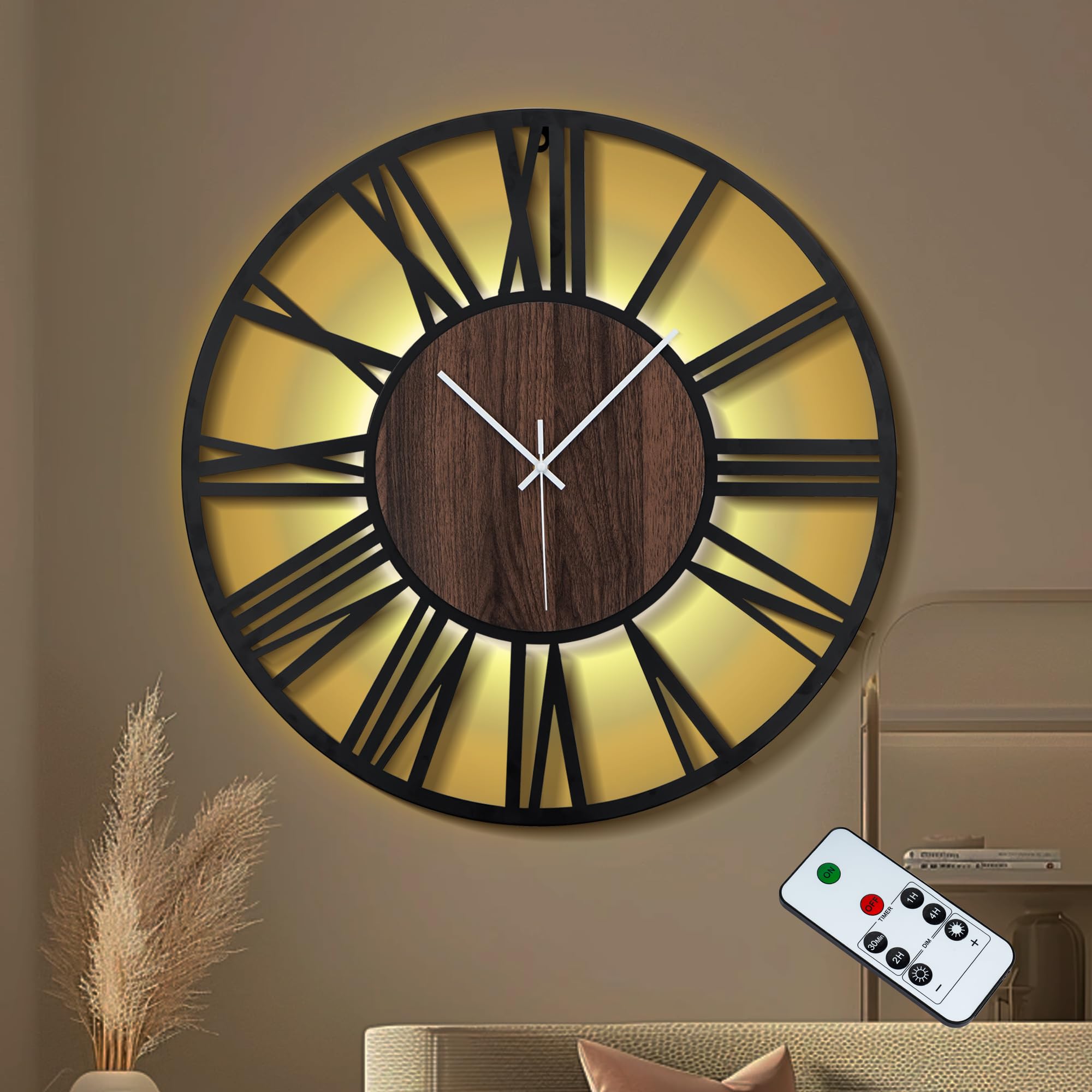 Grande horloge murale en bois pour salon moderne avec lumière douce télécommandée