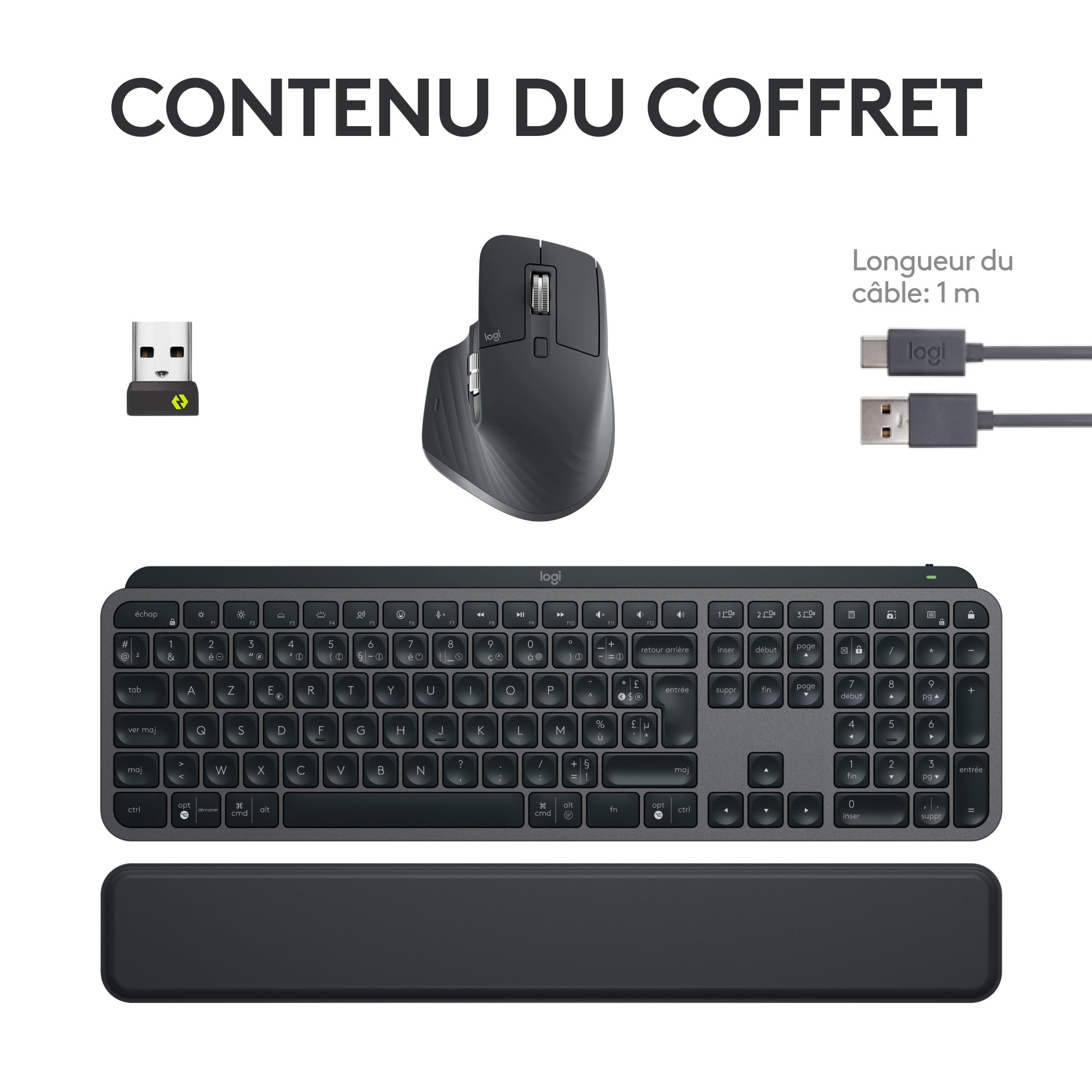 Logitech MX Keys S Combo:Clavier et Souris sans Fil Performants avec Repose Poignet,Éclairage Personnalisable, Défilement Rapide,Bluetooth,Windows/Linux/Chrome/Mac, Clavier Français AZERTY - Gris