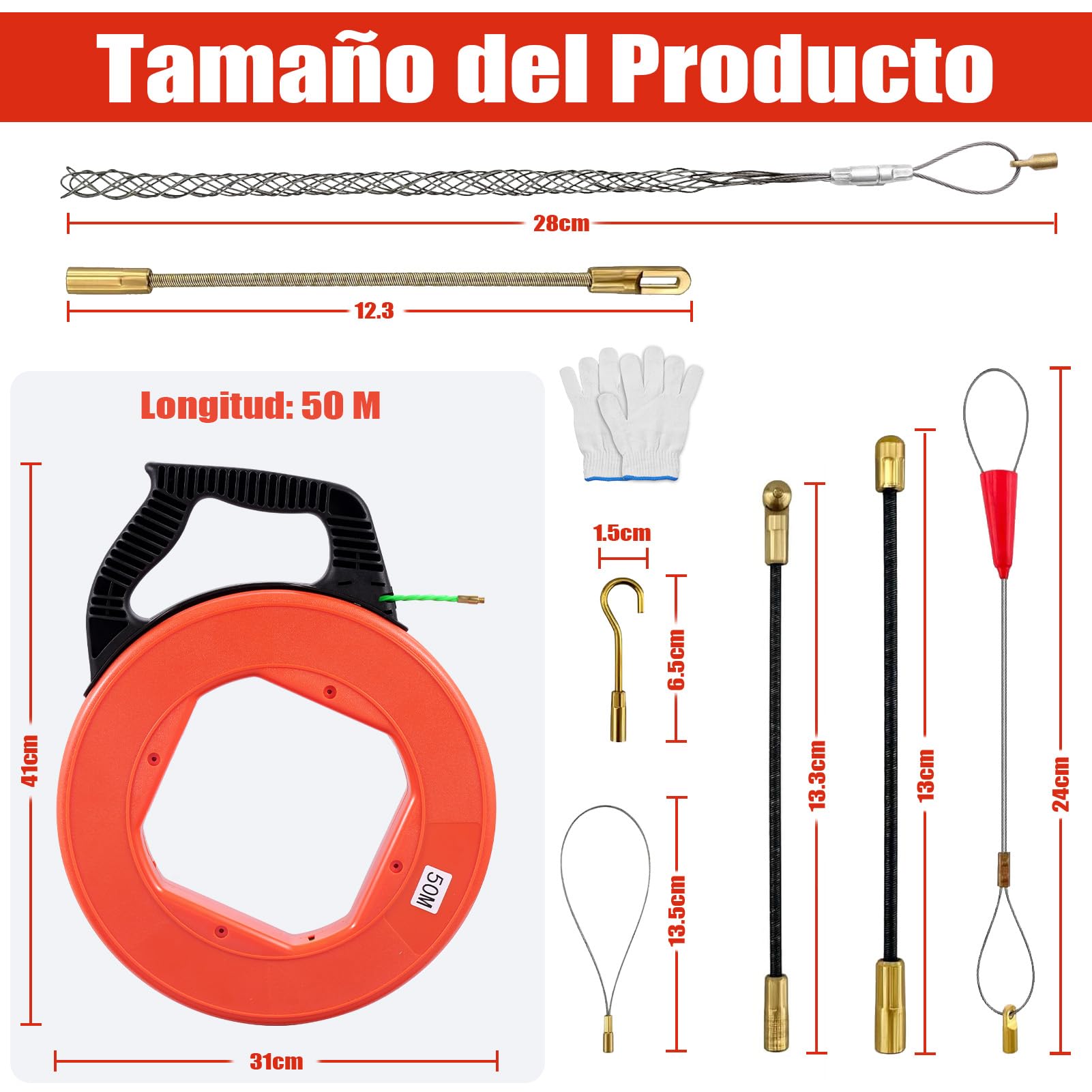Guia Pasacables 4,5mm 50m, Guia Cables 50m, Ayuda de Extracción de Cables con 7 Muelles Guía, Guia Cables Espiral Guía Pasacables para Cableado Datos Telecomunicaciones Ingeniería Eléctrica