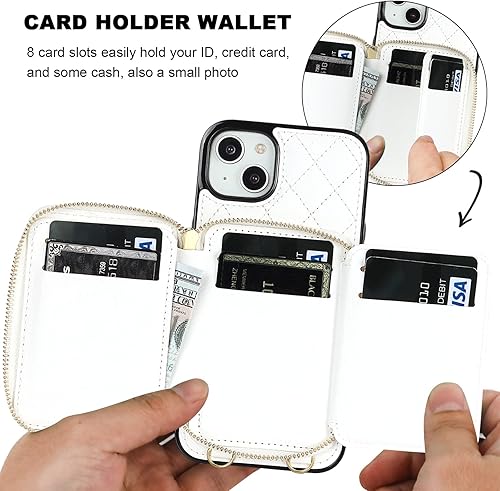 Miniatura 4 de Bocasal Funda tipo cartera cruzada para iPhone 14 Plus, bloqueo RFID, de piel sintética, con cremallera, funda tipo cartera con función atril y