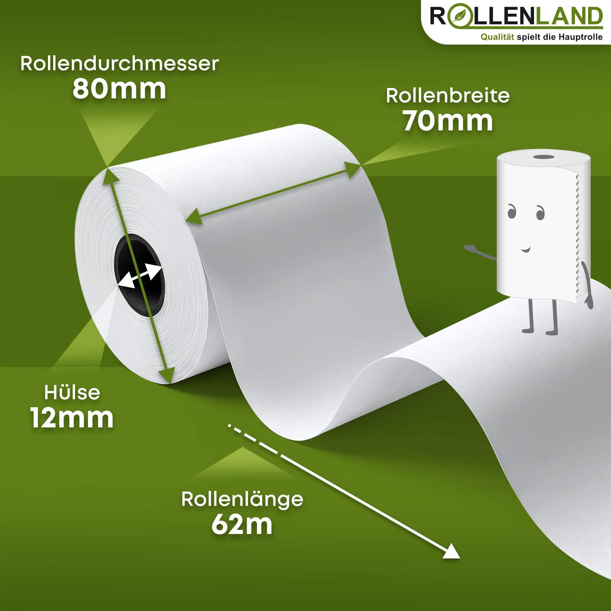ROLLENLAND 50 Kassenrollen 70x80x12 [62 m Lauflänge & Apotheken Aufdruck] Bonrollen Normalpapier, Kassenzettel Rollen 70 mm, 60 g/qm
