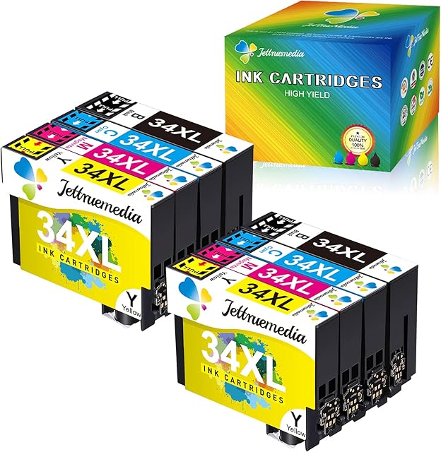 34xl Compatible Ink Cartridges Replacement for Epson 34 34XL T3471 T3472 T3473 T3474 Black,Cyan,Magenta,Yellow for WorkForce Pro WF-3720DWF WF-3725DWF (8-Pack)
