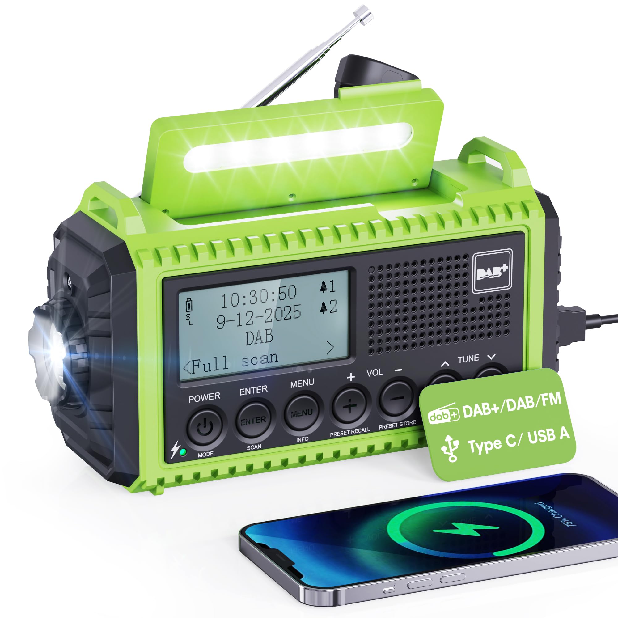 Portable DAB/FM Radio with 5000mAh Rechargeable Battery, Hand Crank Solar Outdoor Digital DAB+ Radio with USB Charger, Emergency SOS Alarm, Headphone Jack, Alarm Clock, Flashlight & Reading Light