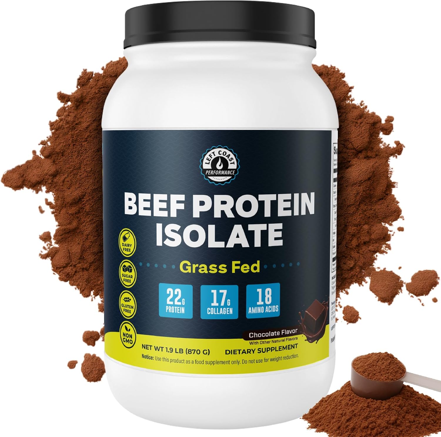 Grass Fed Beef Protein Powder – 22g Protein, 17g Collagen, 18 Amino Acids, Non-GMO - Dairy, Sugar & Gluten Free – Chocolate Flavor, Carnivore & Paleo Friendly, Beef Protein Isolate, 30 Servings