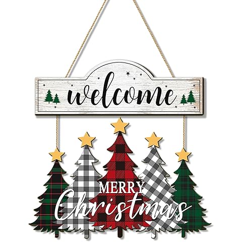 Merry Christmas Wreaths for Front Door Wood Tree Welcome Hanging Sign Xmas Wall Dec...