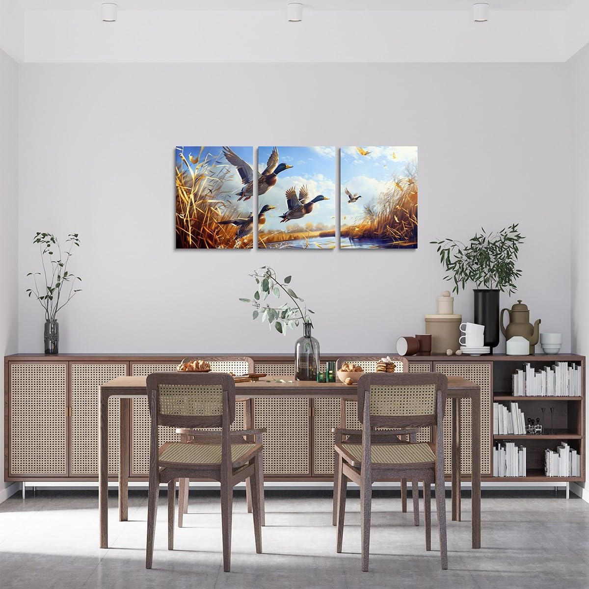 Mallard Duck Canvas Wall Artwork Decor,Cabin Lake House Fishing Wall Painting for Boys Girls,Wild Bird Hunting Animal Rustic Poster Pictures,Brown 3 Pieces Framed Canvas Wall Art