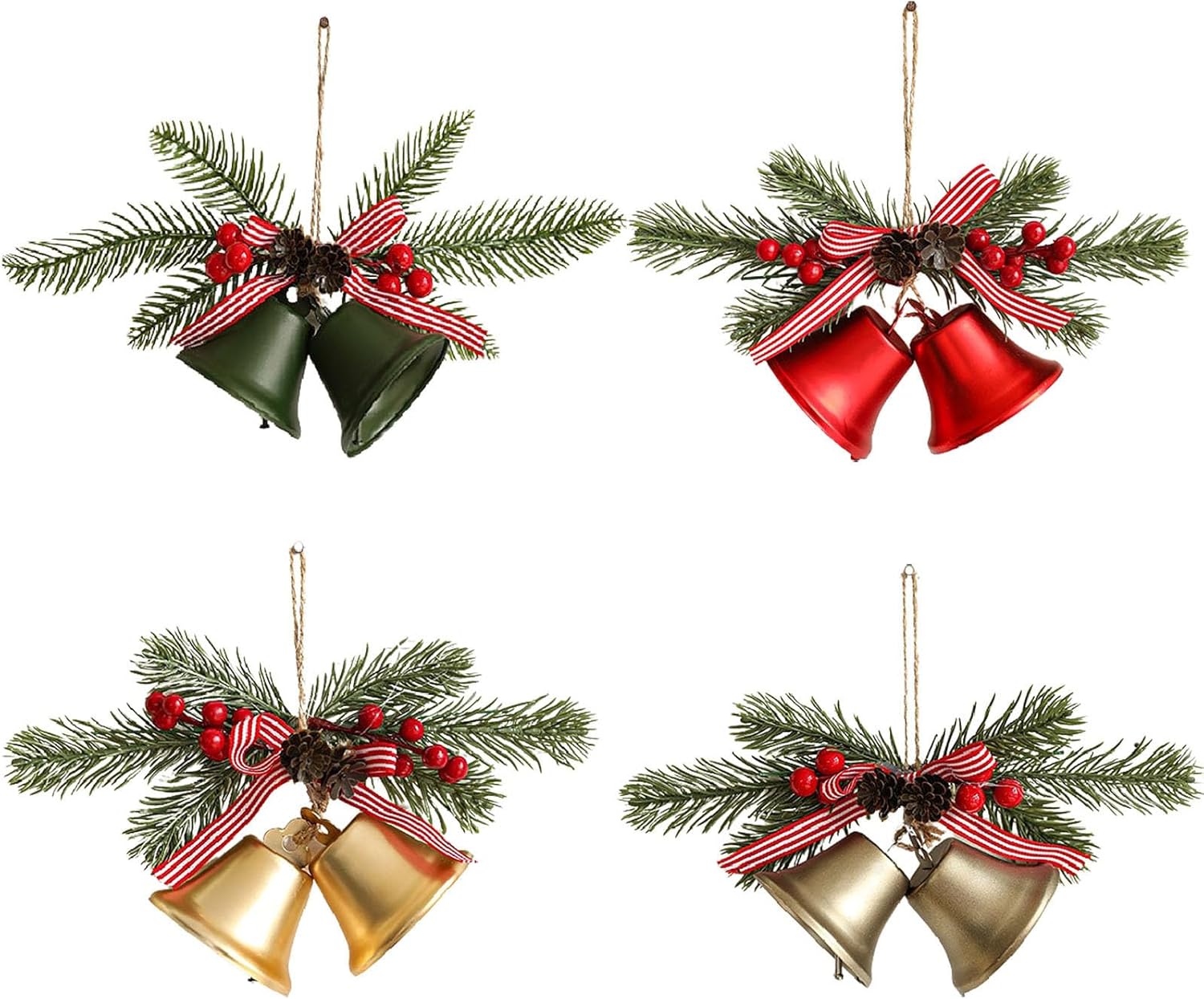 Christmas Bells, 4 Pieces Christmas Bells for Decoration, Jingle Bells with Berries Pine Needles Pinecone, Decorative Bells with Hanging Rope, Metal Double Bell for Christmas Tree Door Decor