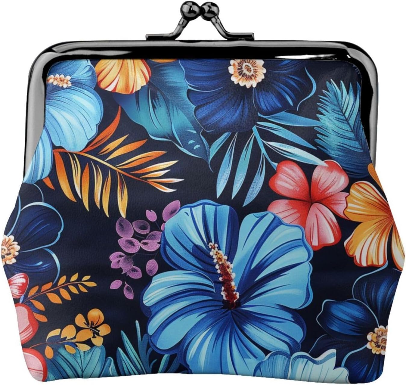 Floral Blue Printed Coin Purse for Women Cute PU Leather Coin Wallet Mini Coin Purse Pouch with Kiss-Lock