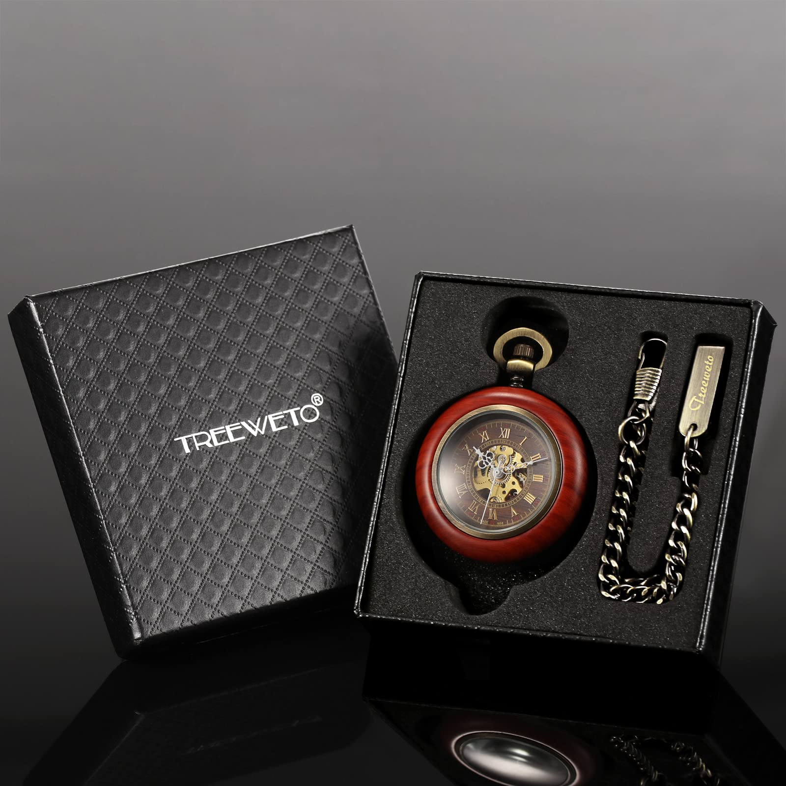 TREEWETO Montre de poche mécanique automatique en bois vintage pour homme et femme, cadran squelette steampunk avec chaîne + boîte cadeau