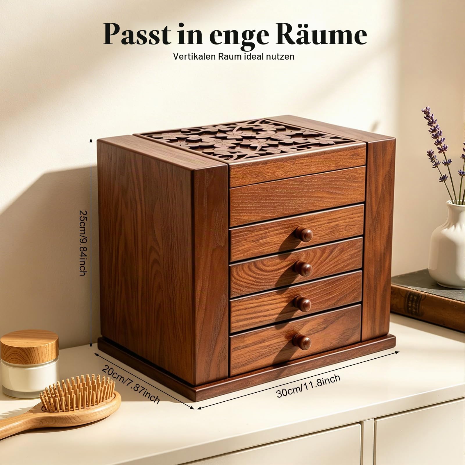 Schmuckkasten aus Holz, 5 Ebenen Groß Vintage Holz Schmuckschatulle mit Spiegel, Aufbewahrungsbox für Uhren, Haarnadeln, Ohrringe, Ringe, Armbänder und Halsketten, 30x20x25cm, Braun