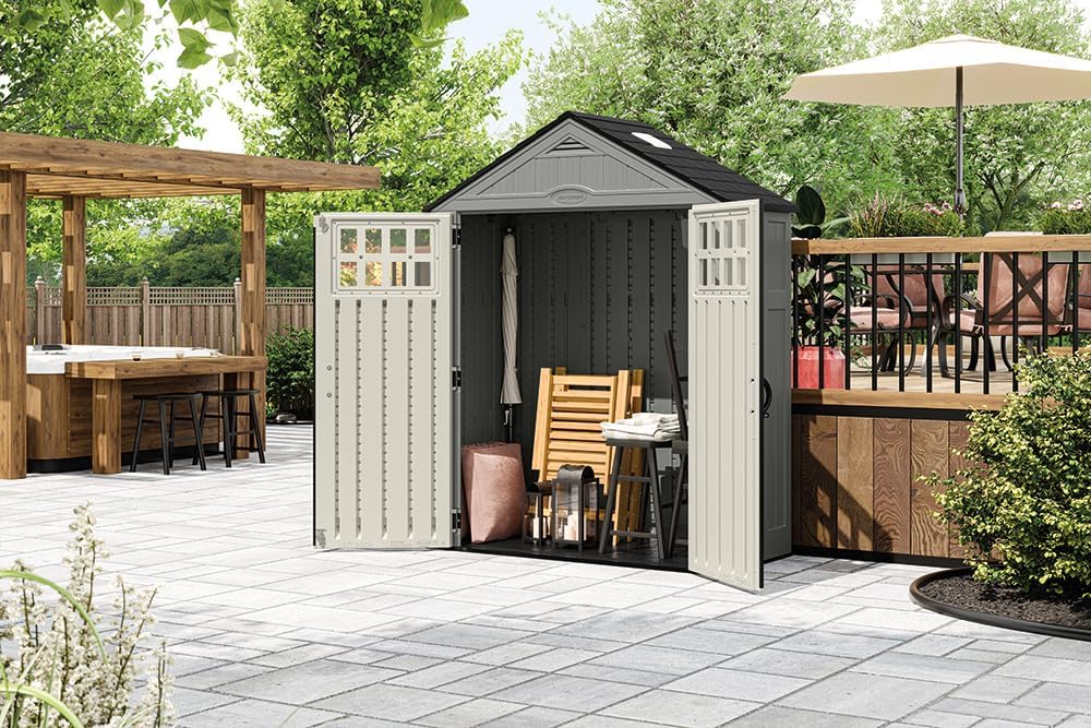 Suncast 6' x 3' Vertical Shed Outdoor Storage for Backyard Tools and Accessories All-Weather Resin Material, Transom Windows and Shingle Style Roof, Wood Grain Texture