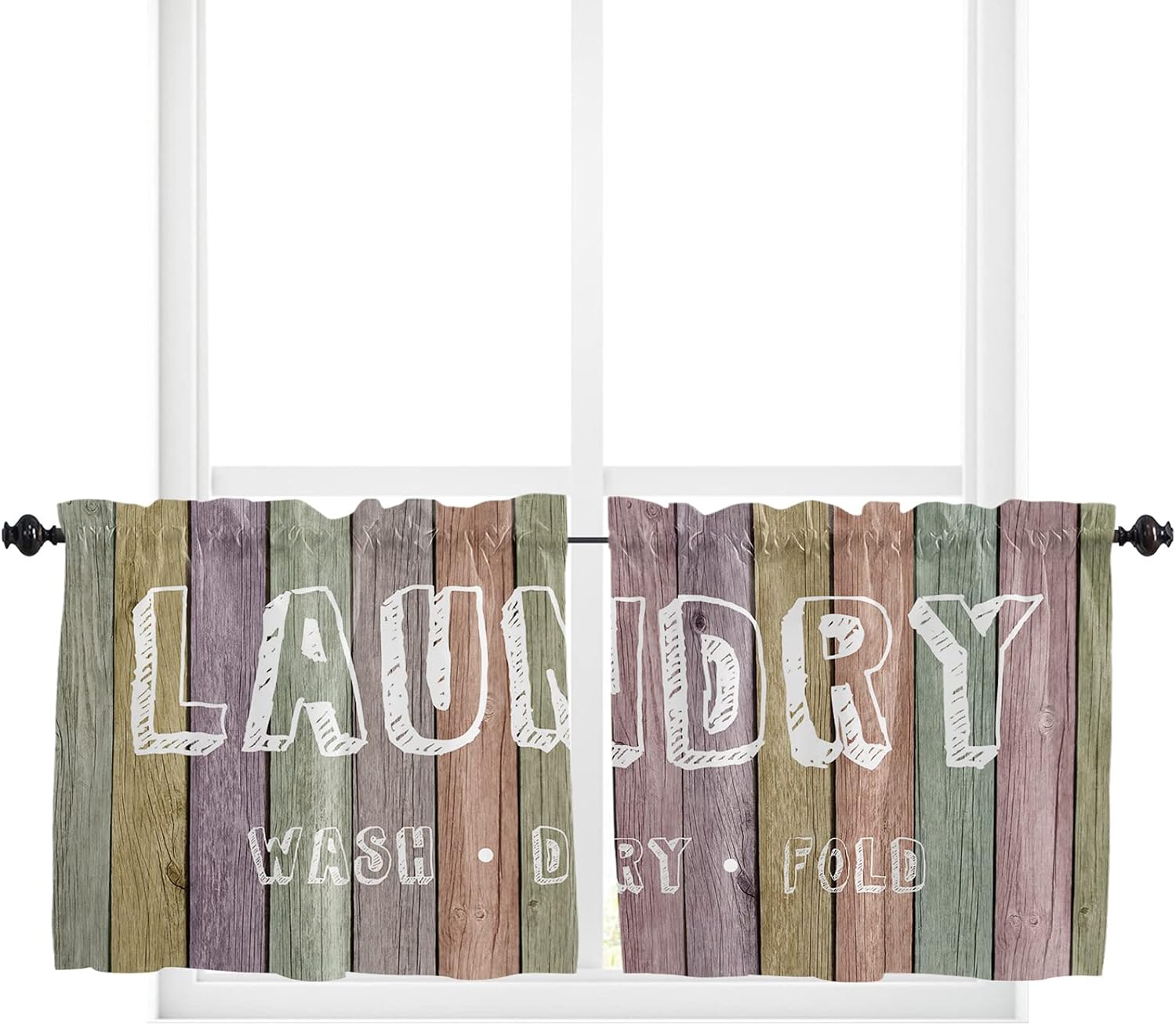 JasmineM Window Curtain Panels Set of 2, Laundry Theme Colorful Rod Pocket Curtain Drapes for Kitchen Bedroom Living Room, Machine Washable Drapery Window Valances, 27.5x36inch, Vintage Rustic Wood