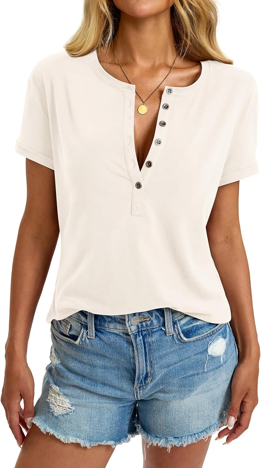 Womens Cotton Deep V Neck Tops Low Cut Short Sleeve Henley Shirts Sexy Fitted Tees Summer Fashion Clothes 2025 - Image 4