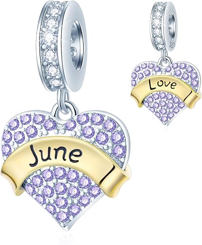 GEMDAZZ Abalorios de plata de ley 925 de 2 tonos para cumpleaños del mes de enero a diciembre, cuentas colgantes de corazón transparentes con