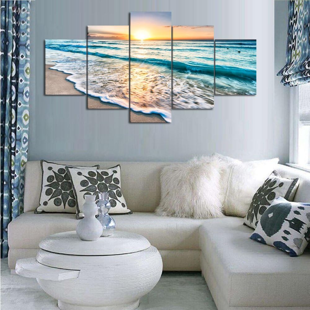 Yatsen Bridge Beach Ocean Painting on Canvas Wall Art, Modern Landscape Scenery Posters and Prints Pictures for Living Room Bedroom, Gallery-Wrapped Canvas Art Set Framed (60''W x 32''H) Medium Size Ocean_13