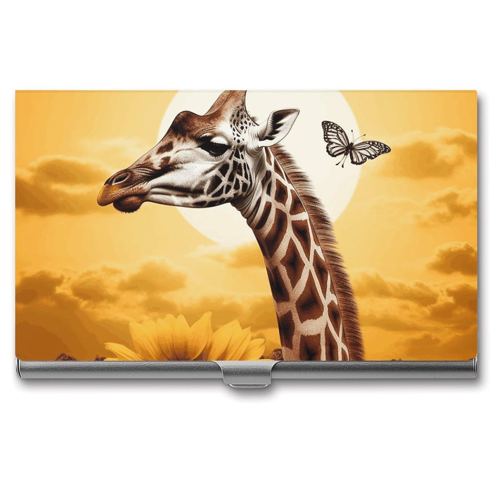 DWVTSLH Giraffe And Sunflower Business Card Holder, Slim Portable Metal Business Card Case Pocket Wallet Professional Name Cards Holder for 22-30 Cards, Credit Card ID Case/Holder for Men Women
