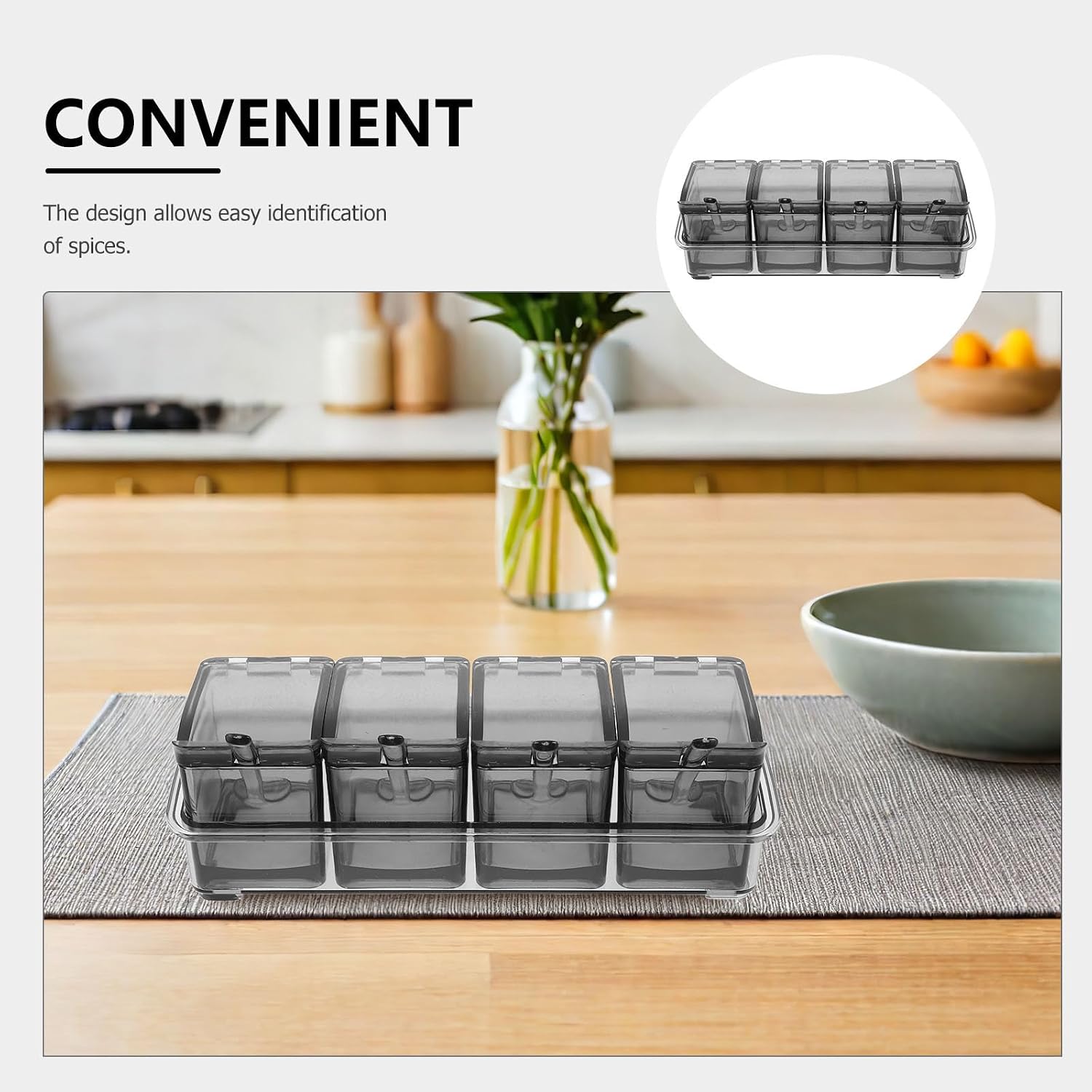 Mikikit 4-compartment Plastic Seasoning Box Set with Lid, Kitchen Salt and Pepper Spice Container Organizer, Black Multi-grid Condiment Storage for Home Cooking