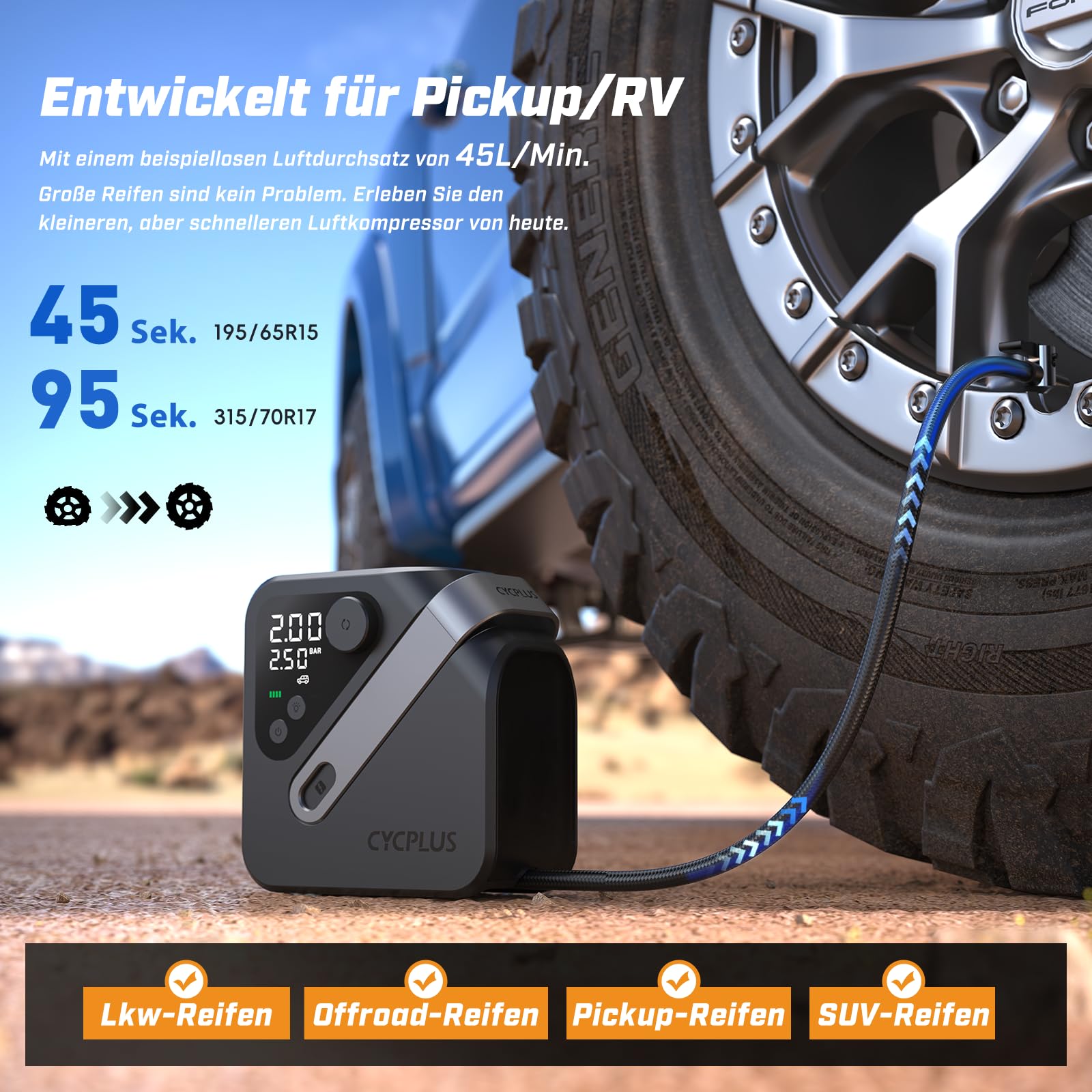 CYCPLUS AL7 Elektrische Luftpumpe, Tragbarer Luftkompressor für Fahrrad, Autos, Lkw, Pick-ups & SUV, 4× schneller Reifenfüller mit Hochleistungsmotor, kompakt & leistungsstark für Nutzfahrzeuge