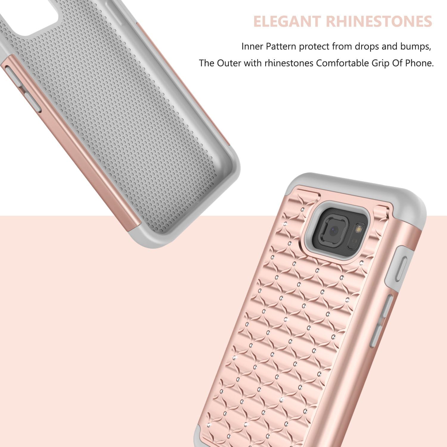 Galaxy S7 Active Case, Jeylly [Diamond Star] Hybrid Rubber Plastic Shock Absorbing Studded Rhinestone Crystal Bling Armor Defender Rugged Case Cover for Galaxy S7 Active SM-G890 G891 - Rose Gold
