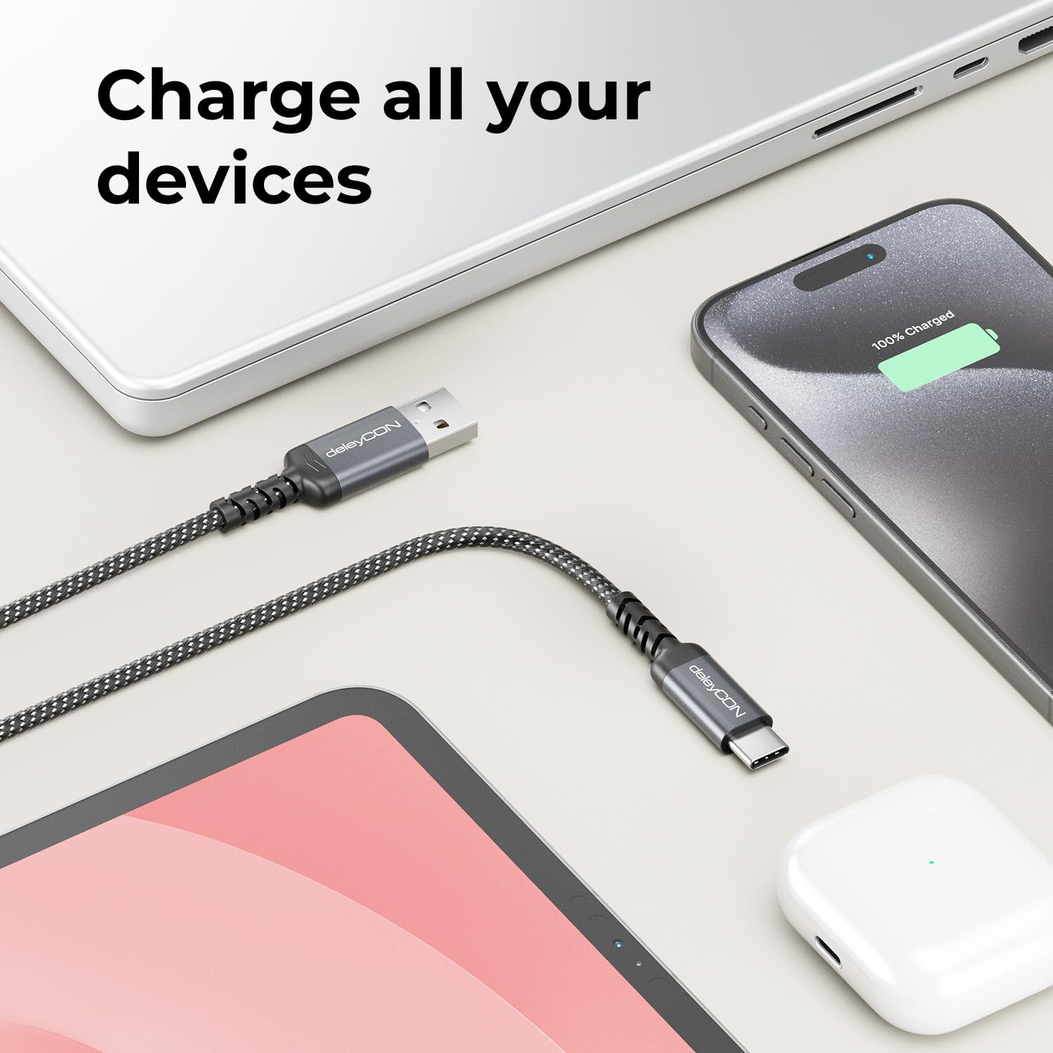 deleyCON 0,30m Cavo USB-A a USB-C Corto Cavo di Ricarica e Dati per iPhone 17 15 16 Pro Max Air Galaxy A16 A56 S25 S24 S23 Pixel iPad Pro Air Tablet AirPods Notebook Switch PS5