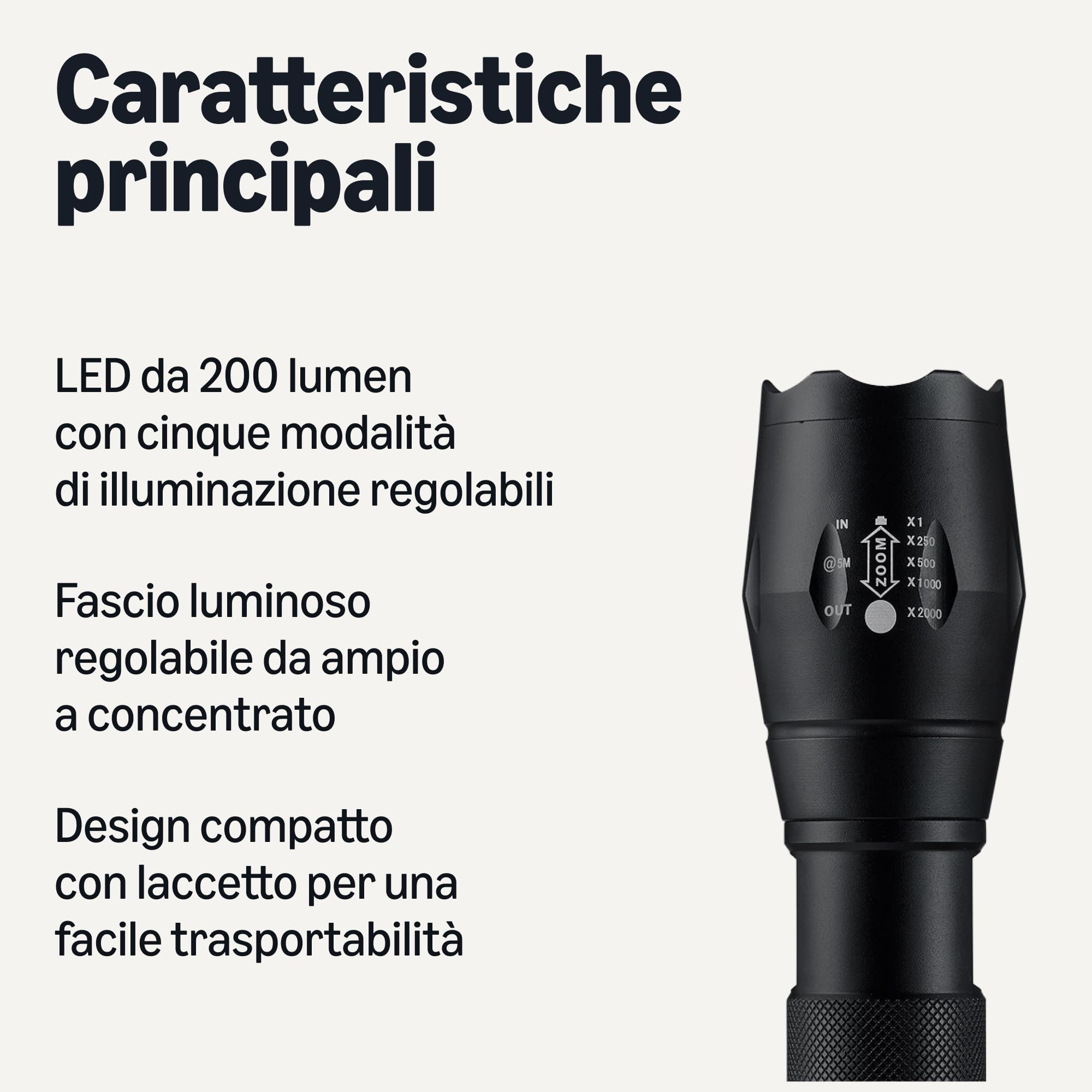 Amazon Basics Torcia LED Portatile con 5 Modalità di Illuminazione - Torcia 200 Lumen con Zoom - Torcia in Alluminio Resistente all'Acqua con Cordino - Batterie Incluse - Nero