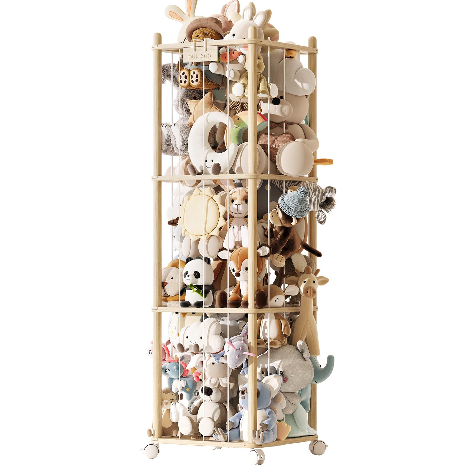 Stuffed Animal Storage,Wood Stuffed Animal Storage Zoo with Wheels,Vertical Stuffed Animal Holder with Thicker Elastic Band, Toy Storage Organizer Kids for Playroom, Living Room, Nurseryroom, Bedroom