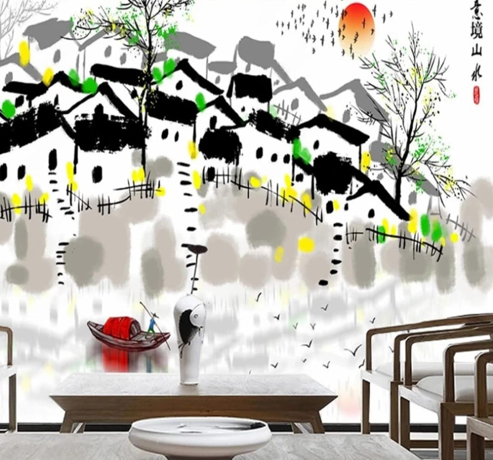 XLMING Hand Drawn Ink Wash Architecture Rivers Landscapes 3D Wallpaper Luxury Home Dining Decor Paste Sofa Living Room The Wall for Bedroom Mural-200cm×140cm