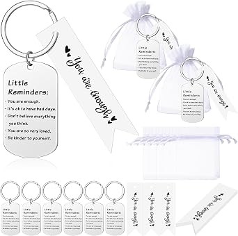 6 Set Little Reminder Keychain Mental Health Gift You Are Enough Key Inspiration Uplifting Quotes Organza Bag and Card
