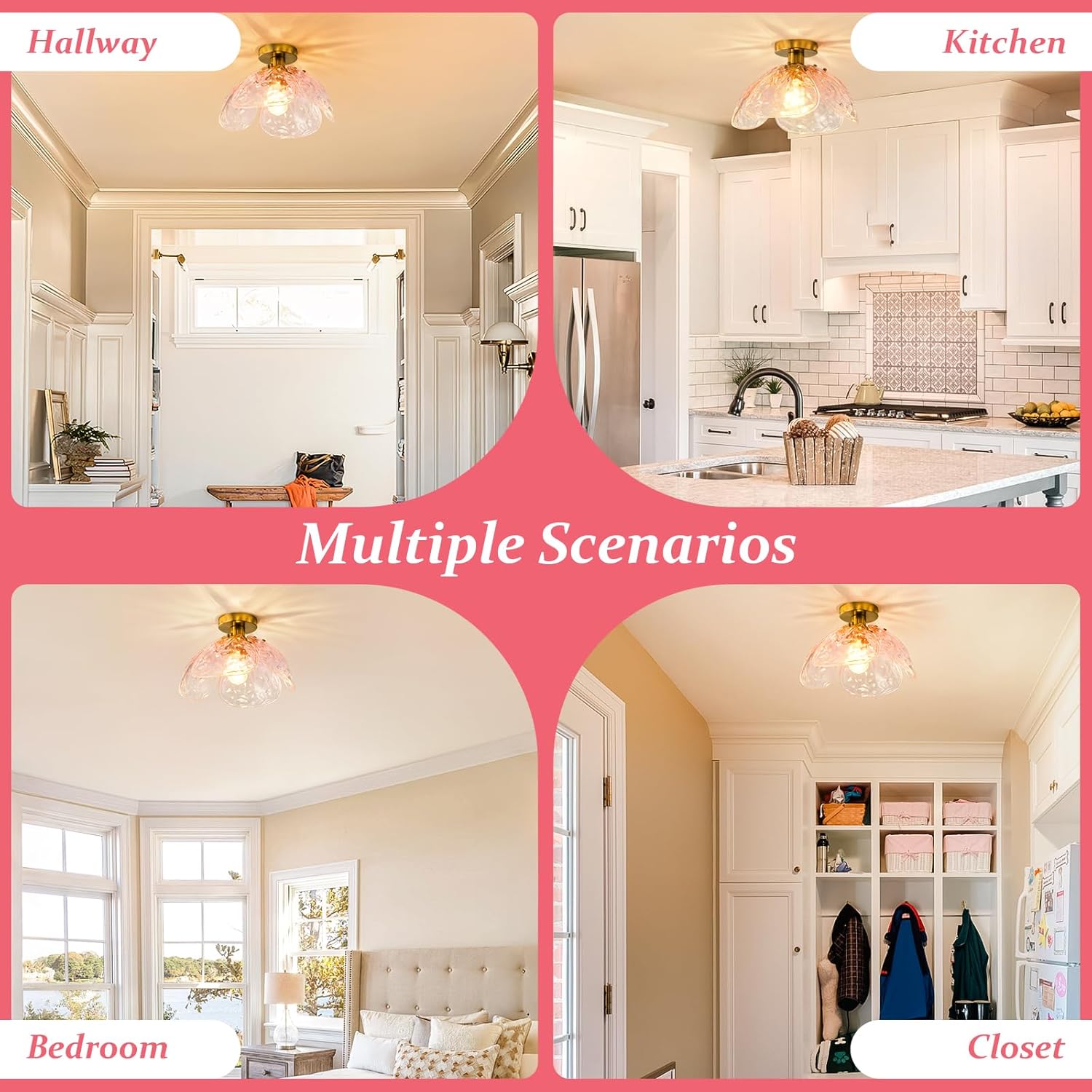 Vintage Semi Flush Mount Ceiling Light,Bronze Ceiling Light Fixtures with Gradient Pink Handmade Leaf Glass for Bedroom,Kitchen,Hallway,Entryway