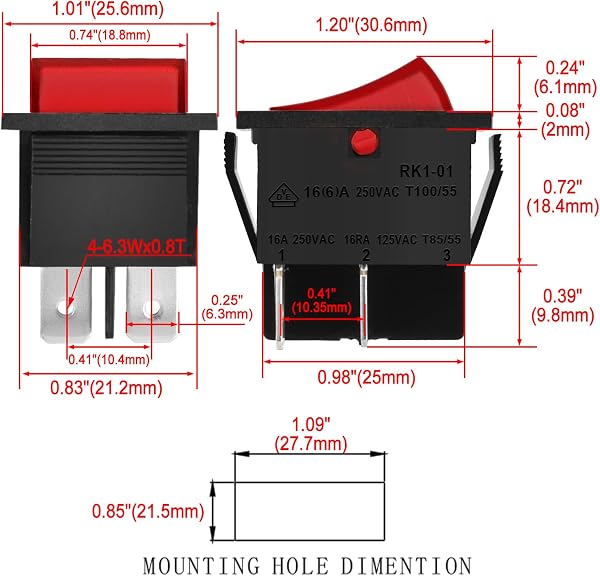 Heschen Interruttore a bilanciere, acceso/spento, DPST, 4 terminali con luce rossa, 16A 250V CA (2) - 2
