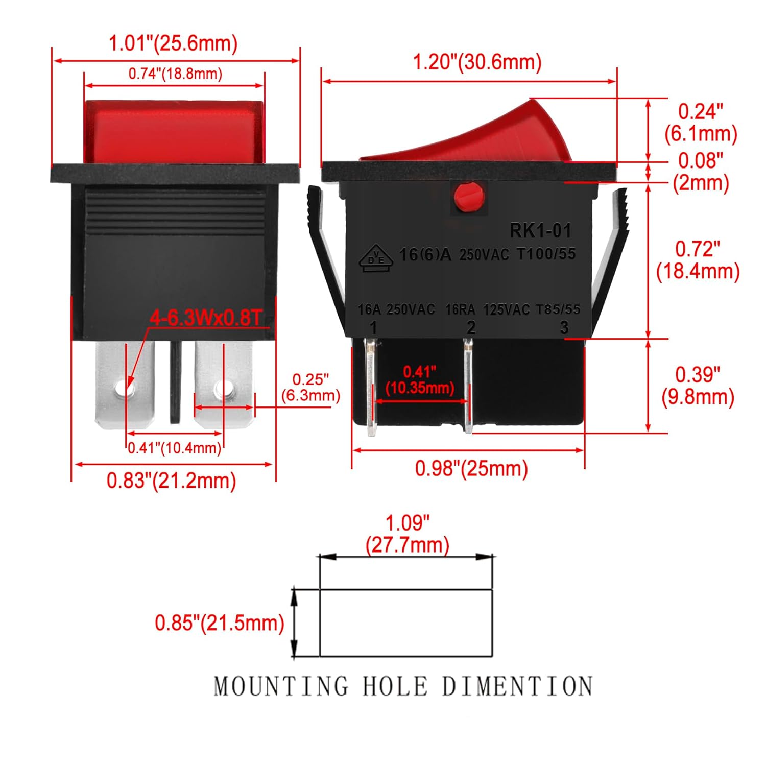 Heschen Rocker Switch ON-Off DPST 4 Terminals Red Light 16A 250VAC 2Pack