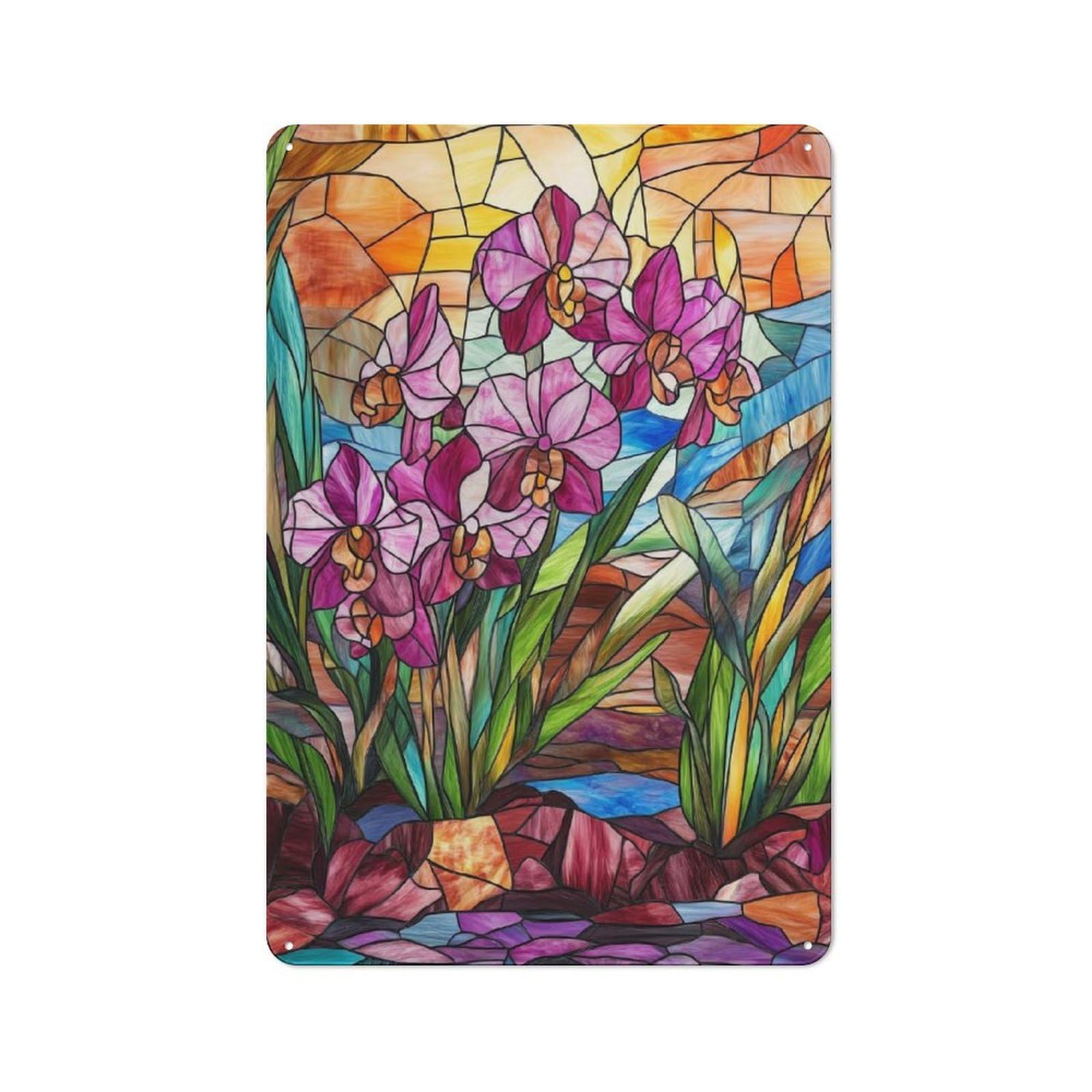 Junmoney Stained Glass Orchid Retro Tin Sign 30X20cm For Workshop Wall, For Home Interiors And Metal Sign Collectors