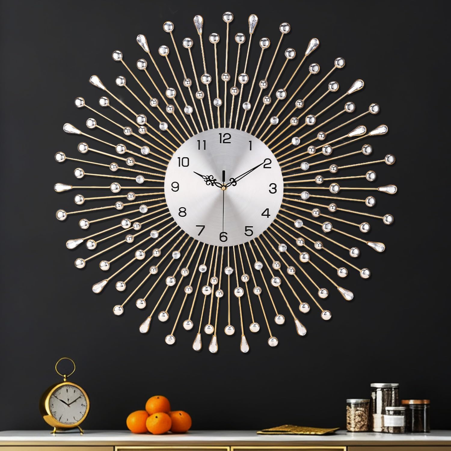 SIN&MI Wall Clock for Living Room Decor Non-Ticking Quiet Metal Quartz Clocks Modern Dial Bling Big Crystal Wall Clocks for Home Kitchen Bedroom Indoor Decorative/ 27.5 Inch