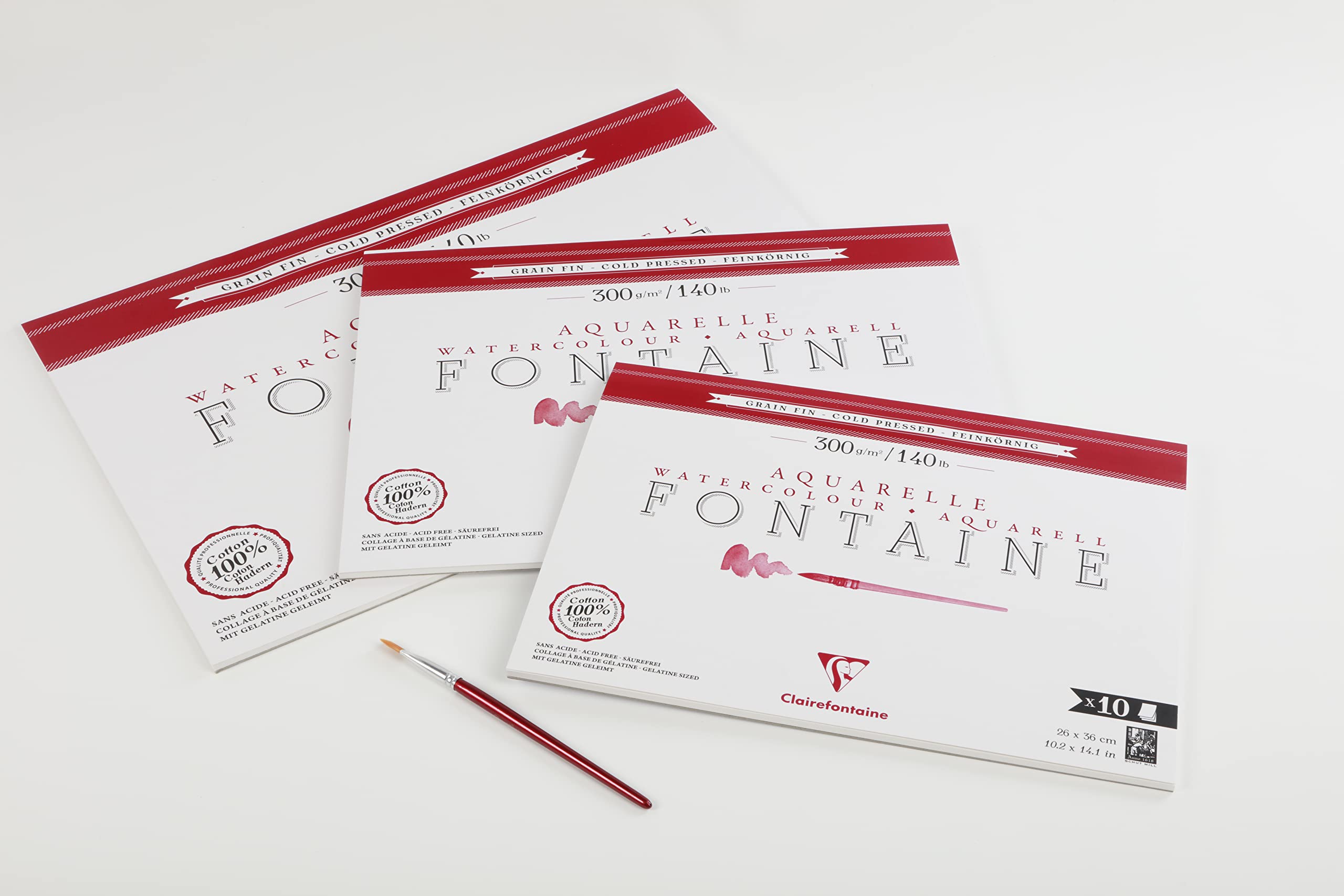 Clairefontaine 975513C Blok do akwareli klejony z 1 strony Fontaine – 10 arkuszy białego papieru akwarelowego 100% bawełna, faktura drobna, Format 31x41 cm 300 g