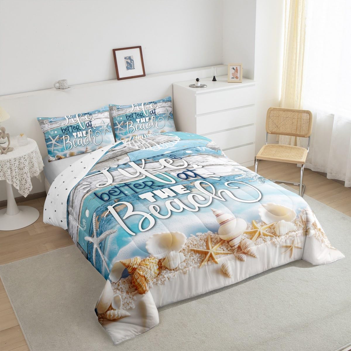Erosebridal Ocean Comforter Set Full Size for Kids Boys Girls Life Better at The Beach Comforter Set Hawaiian Shell Starfish Comforter Blue Rustic Farmhouse Wooden Bedroom Decor Soft Blue Quilt