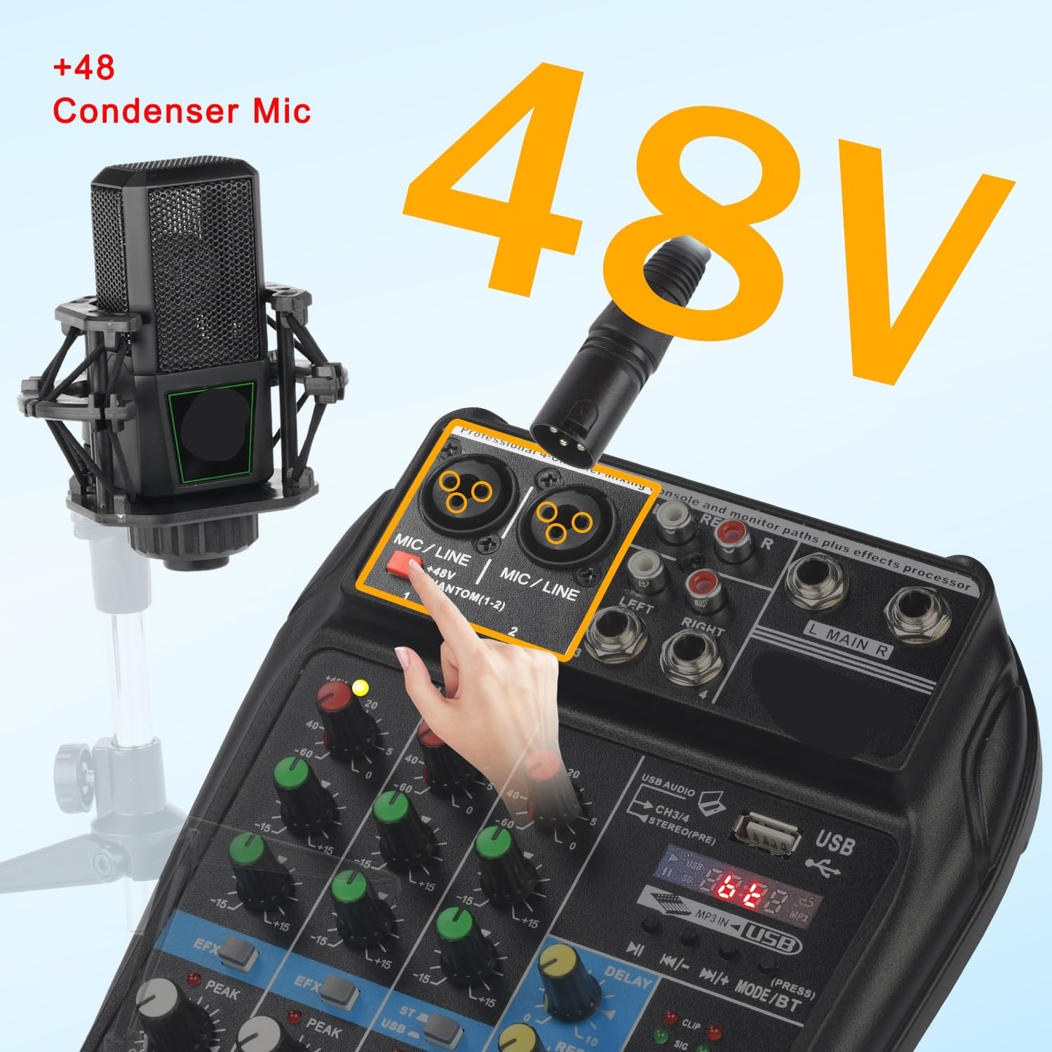 Mixer Audio, Mixer audio portatile Effetto 4 canali 48V Bluetooth Mini console USB Riproduci musica
