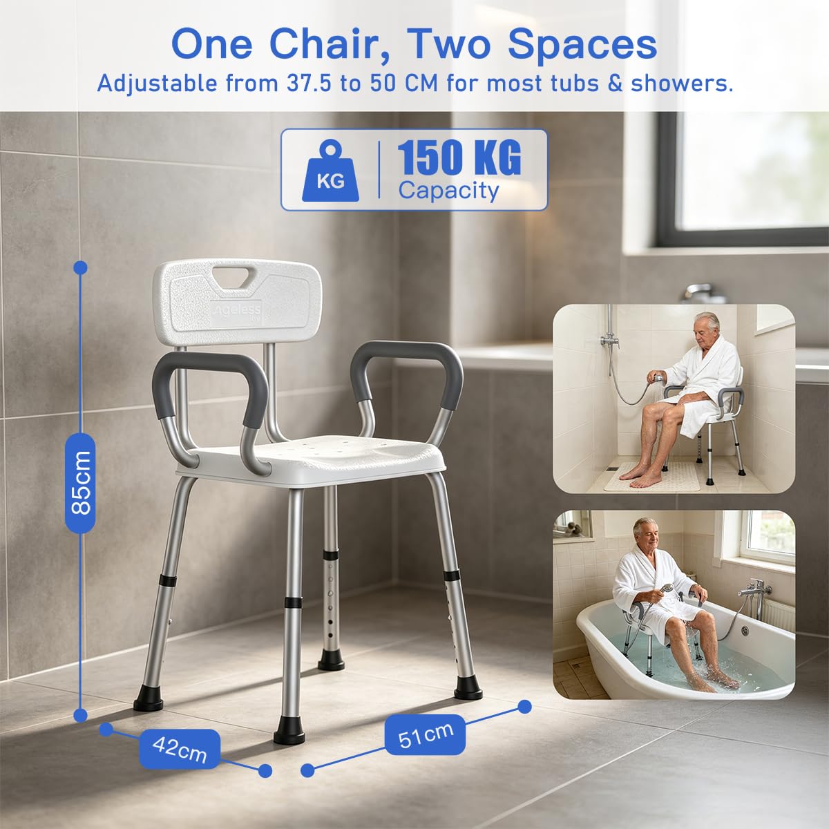 Sedia per Doccia Anziani e Disabili, Sgabello Doccia Professionale 4-in-1 con Seduta Extra Larga, Portata 150kg, Sedia Doccia Ergonomica con Braccioli, Alluminio Antiruggine