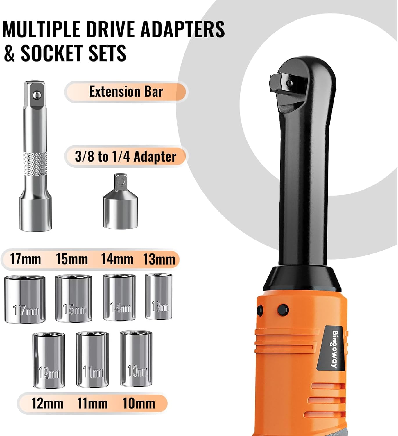 3/8" Extended Electric Ratchet Wrench Set, 45ft-lbs Cordless Long Neck Power Ratchet Wrench Kit with 2pcs Batteries, LED Light, 9 Sockets, Toolbox, Variable Speed, For Housework, Car Repair