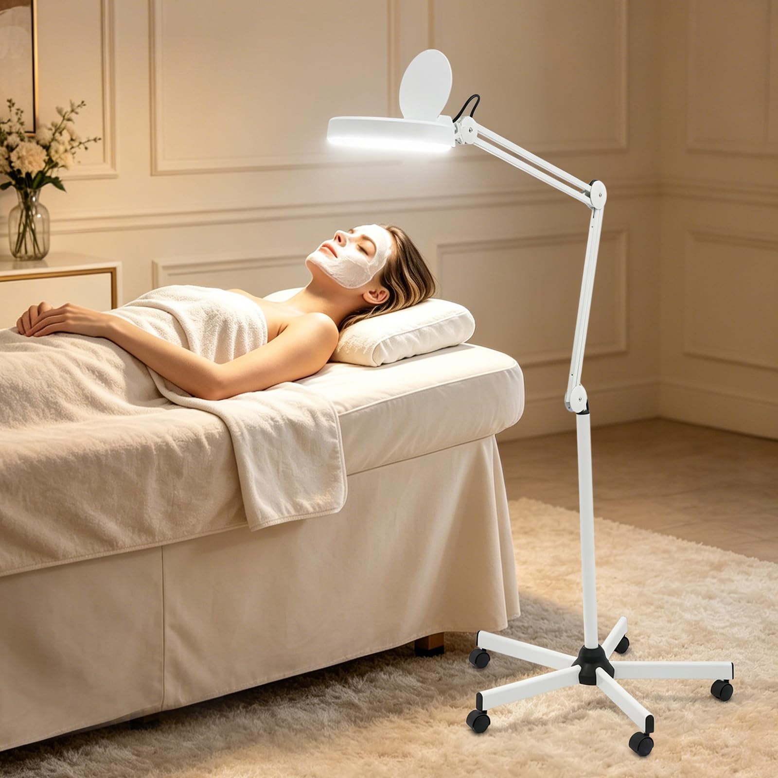 Lupenleuchte 5X, 120 LED Lupe mit Licht und Rollstativ für Kosmetik | Glaslinse 12,5cm, 5-Fach Vergrößerung, 120 LED, Rollstativ, 5 Rollen, für Nähen Lesen Modellbau Juweliere