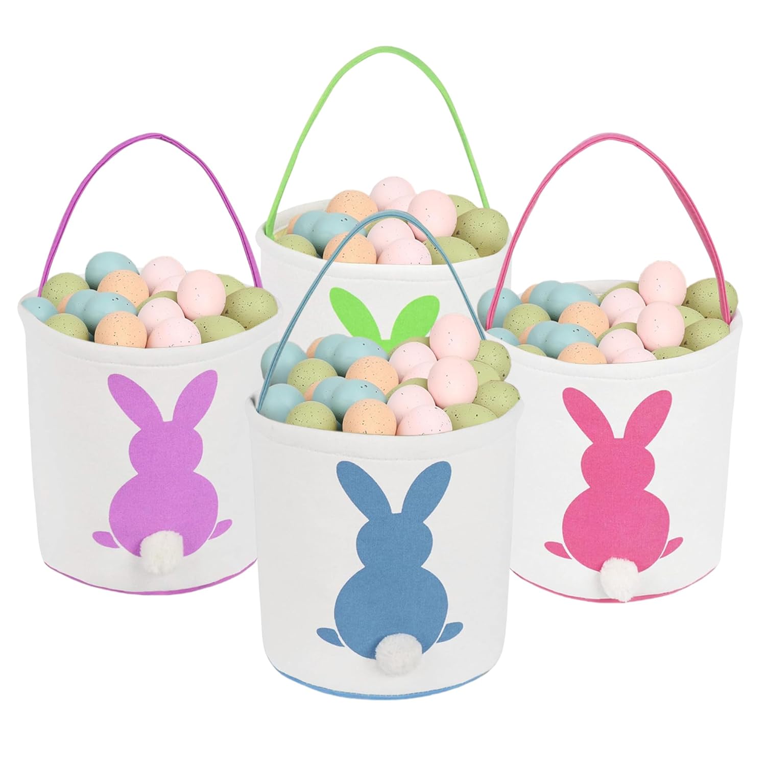 Easter Bunny Basket for Kids, Canvas Cotton Egg Hunt Buckets with Fluffy Tails, Reusable Rabbit Tote Bags for Girls Boys, Multi-Color Easter Party Decor & Gift Storage (Fluffy Tail Bunny (4 Pieces))