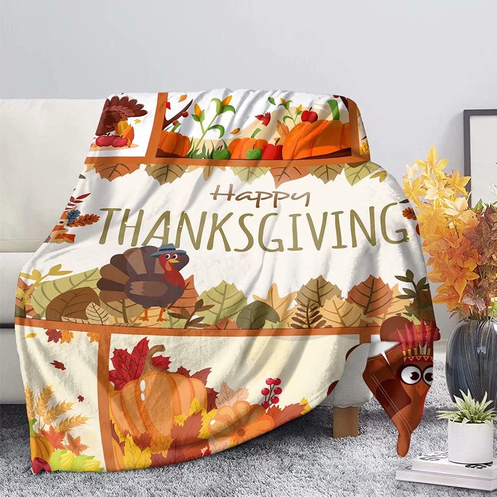GIFTPUZZ Happy Thanksgiving Cartoon Blanket Girls Boys Fashion Bed Couch for Office Sofa Chair, Outdoor Traveling Camping Fleece Blankets Bedroom Accessories, Cozy Plush Keep Warm Throws Blankets, XL