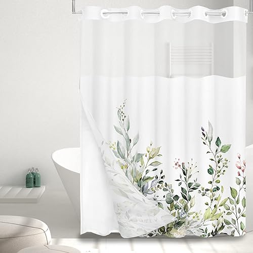 Vista 35 de Tititex - Juego de cortinas de ducha de eucalipto verde oliva, hojas de acuarela en la parte superior con decoración floral de baño, 60 x 72 Hojas