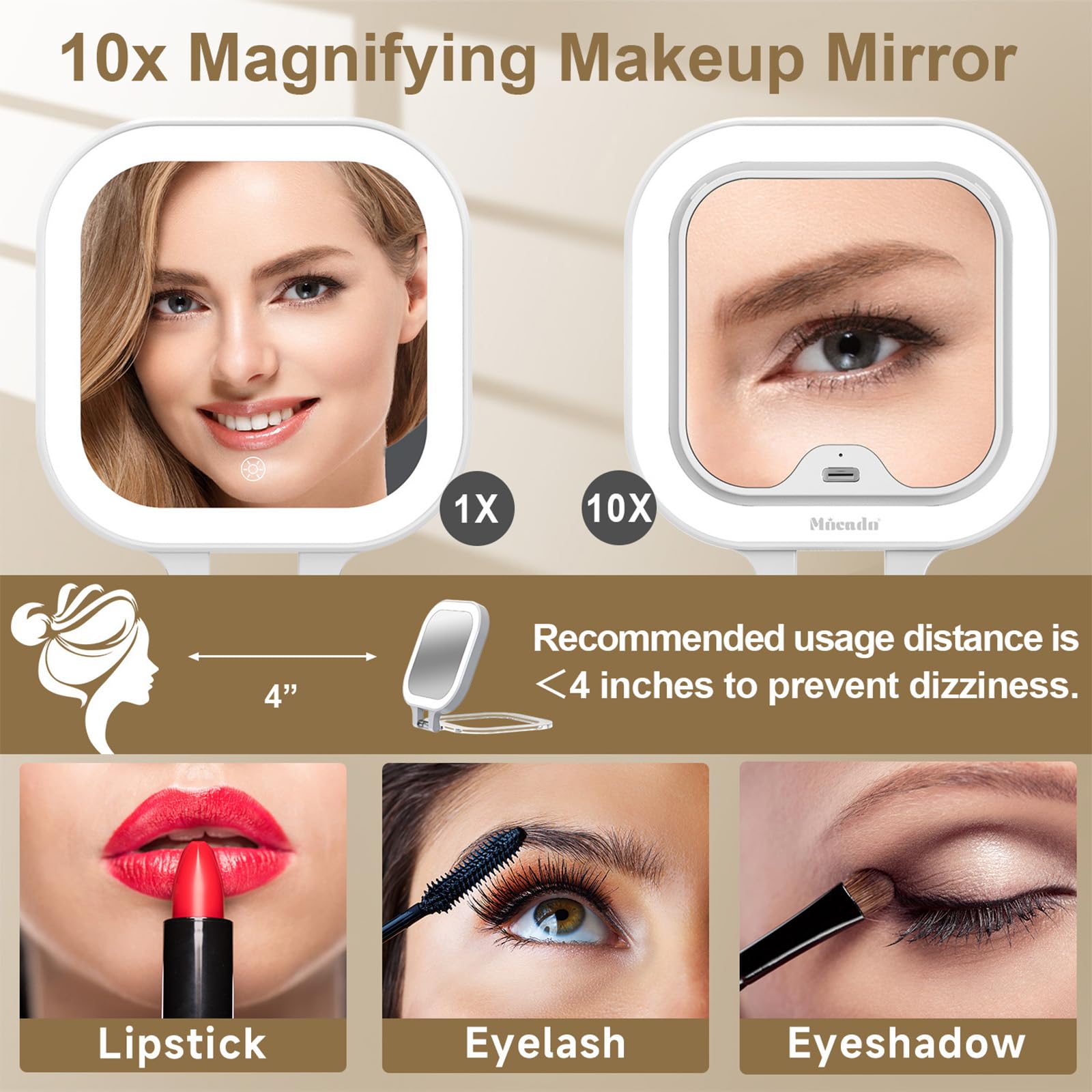 Mocado Reise-Make-up-Spiegel Mit Licht – 10-fache Vergrößerung, 3 Farblicht, Aufladbar