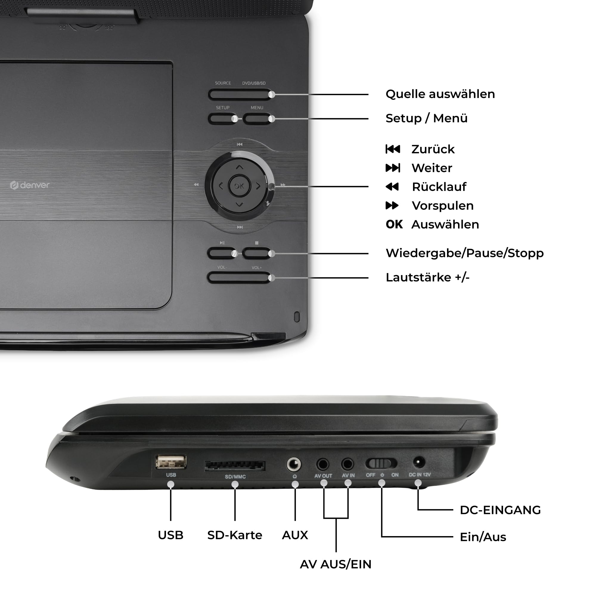 Denver MT-1097 Tragbarer DVD-Player 25.4cm 10 Zoll EEK: C (A - G) Akkubetrieb, inkl. 12V Kfz-Anschlu