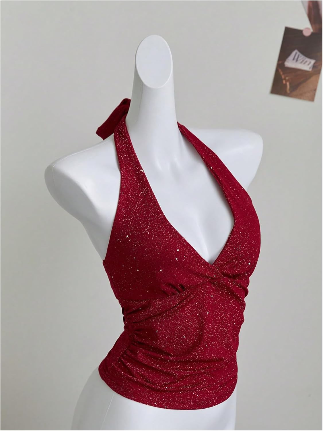 MakeMeChic Women's Sparkly Halter Tops Y2k Backless Deep V Neck Rave Crop Tops - Image 5